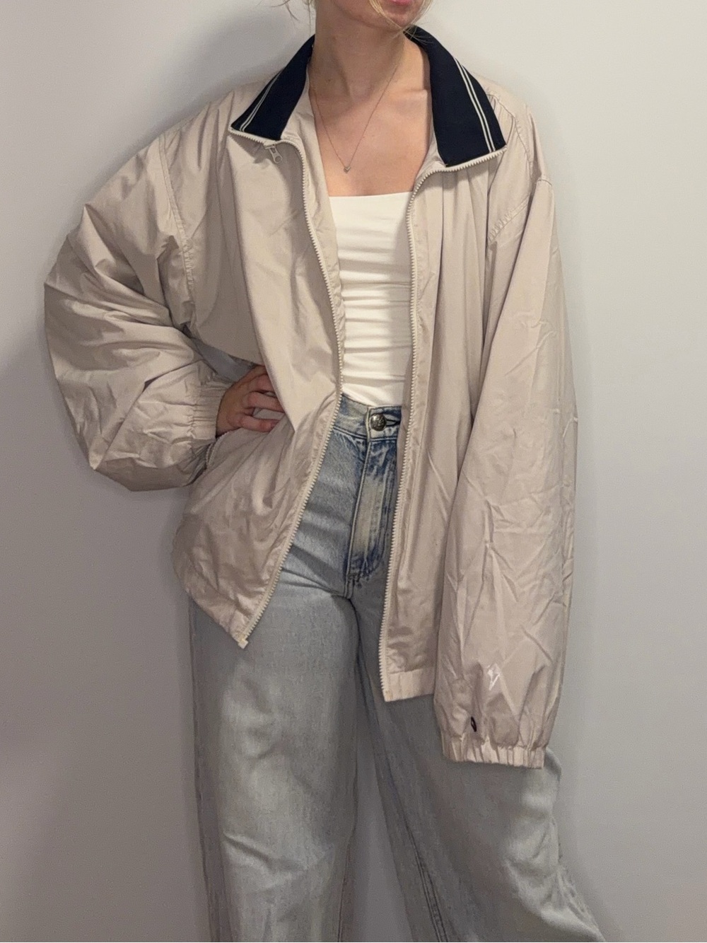 Vintage Tommy Hilfiger Beige Bomber Jacket with Navy Contrast Collar